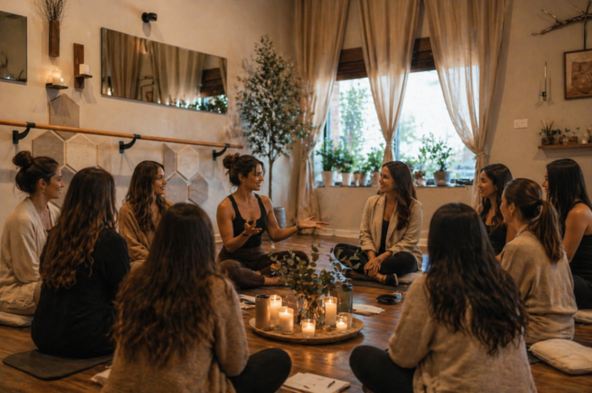 Women's wellness circle at Mindful Way Studio — candlelit group coaching session in Mokena IL near Chicago